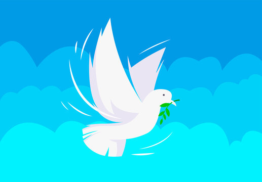 vector illustration of a white pigeon with a green branch on a blue sky background