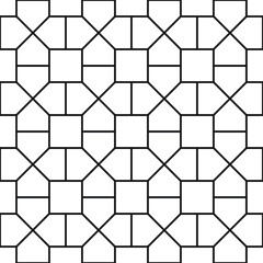 Octagon and squares repeat straight lines grid pattern in black outline on a white background, geometrical vector illustration