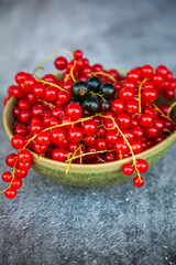 A bunch of black currant in a bowl with red currant