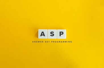 Answer set programming (ASP) Banner. Letter Tiles on Yellow Background. Minimal Aesthetics. - obrazy, fototapety, plakaty