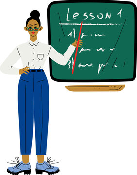 Young Woman Teacher in Glasses Standing at Blackboard with Pointer Giving Lesson. Female Engaged in Professional Occupation as Career Equality