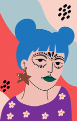 A woman with creative crystal makeup. Gems around the eyes. Festival or everyday jeweled style.