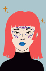 A woman with creative crystal makeup. Gems around the eyes. Festival or everyday jeweled style.