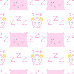 Bedtime seamless vector pattern. Sleeping pillow and clock and zzz for baby girl design
