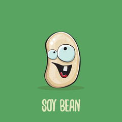 vector funny cartoon cute soybean character isolated on green background. Japan Kawaii soy food funky character. Soybean cartoon illustration