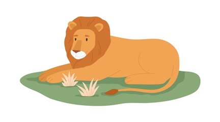 Obraz na płótnie Canvas Lion, king animal relaxing on grass. Wild feline with mane lying. Jungle habitant. African tropical carnivore. Flat vector illustration of exotic lionet isolated on white background