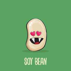 vector funny cartoon cute soybean character isolated on green background. Japan Kawaii soy food funky character. Soybean cartoon illustration