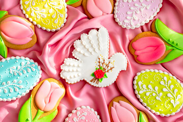 background banner greeting card for Happy Easter with set colorful eggs, Easter bird gingerbread cookies on pink silk fabric background