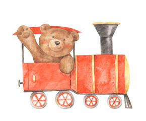 Teddy bear travel on a toy train. Watercolor illustration. Hand-drawn locomotive with cartoon bear.