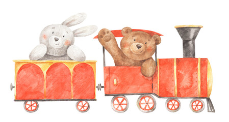 Animals travel on a toy train. Watercolor illustration. Hand-drawn locomotive and wagon with cartoon bunny and bear.