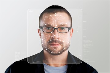 Serious business person and smart technology for face recognition, double exposure. Biometric...