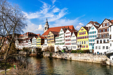 Fototapeta na wymiar View of the Neckar and the idyllic city of Tübingen on a sunny day in spring , Black Forest, Germany