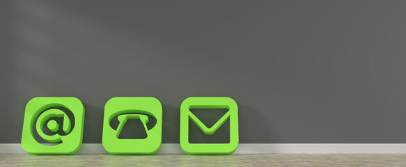Big green contact icons  in a grey room, 3d rendering