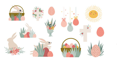 Boho Eastericons. eggs, bunnies, flowers and decoration in pastel and terracotta colors, flat vector illustrations