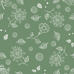 Bluebell seamless. Greens, leaves, flowers nature herbal decorate vector collection for print design project. Natural colors, eco-friendly, summer mood