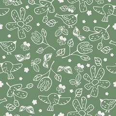 Flowers in flat style on a green background seamless. Greenery, leaves, natural herbal flowers and birds decorate vector collection for fabric project or design element.