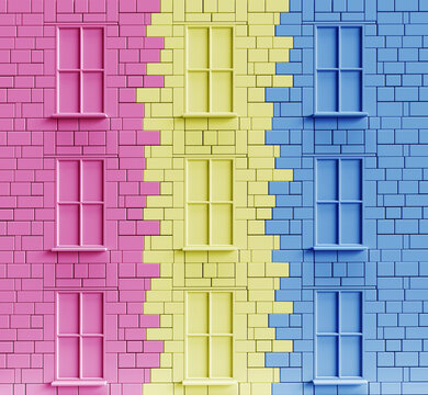 windows facade and stone brick. 3d colors