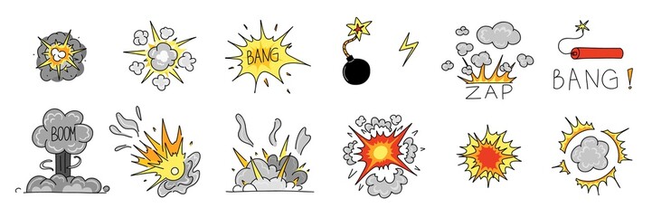 Comic explosion set. Bomb explosion, meteorite fall, smoke cloud and fire flash. Atomic boom or dynamite detonation, doodle style, vector cartoon hand drawn color isolated illustration