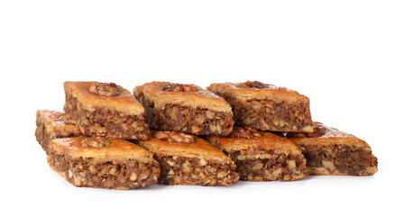 Delicious honey baklava with walnuts on white background