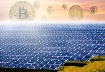 Large solar farms with bitcoins clean renewable energy from the sun, solar energy bitcoin mining...