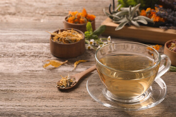 Glass cup of aromatic freshly brewed tea near different dry herbs on wooden table. Space for text