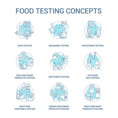 Food testing turquoise concept icons set. Performing experiments for analysis idea thin line color illustrations. Isolated symbols. Editable stroke. Roboto-Medium, Myriad Pro-Bold fonts used