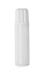 Bottle of delicious whipped cream isolated on white