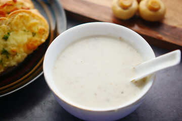 A bowl of homemade cream of mushroom soup