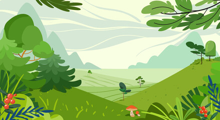 Forest landscape. Vector illustration in flat simple style. Spring and summer background with copy space for text, landscape with plants, leaves, flowers for banner, greeting card, poster and other