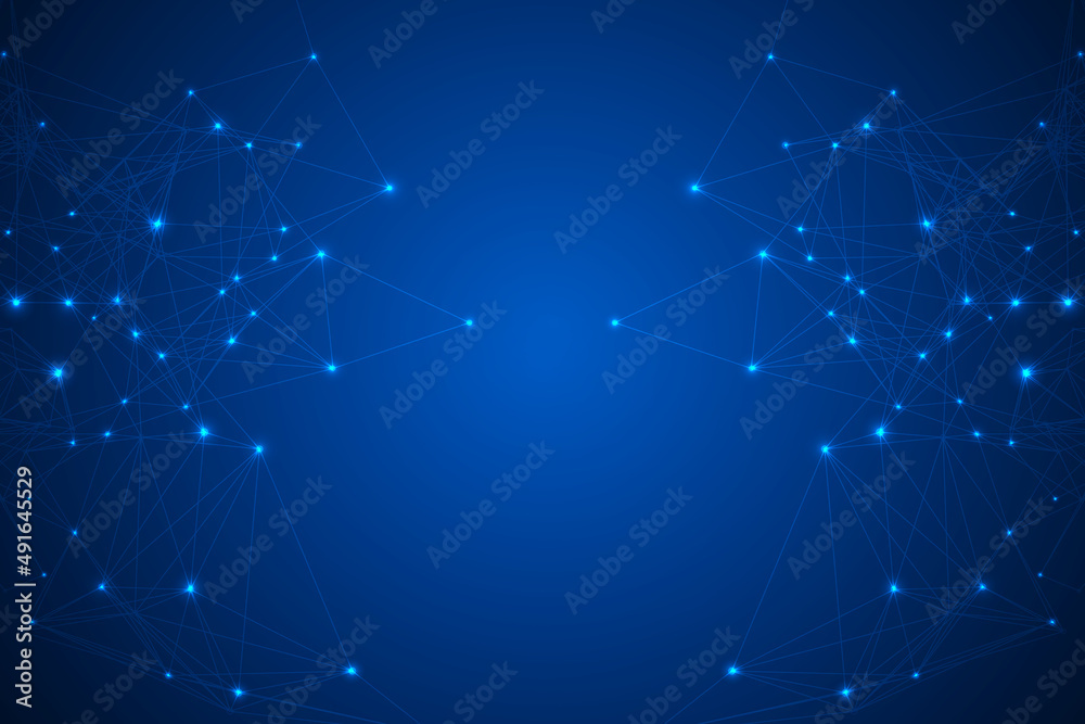 Poster Abstract Blue Digital Futuristic Plexus Line Network Business Concept. Blue Triangle Geometric Structure Technology Element with Copy Space for Text Infographic Report, Presentation Vector Background.