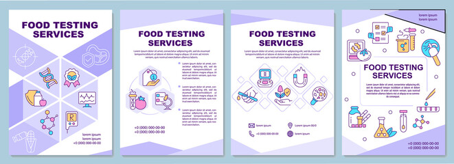 Food testing services purple brochure template. Chemistry analysis. Leaflet design with linear icons. 4 vector layouts for presentation, annual reports. Arial-Black, Myriad Pro-Regular fonts used