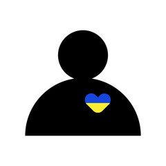 Icon man with Ukraine in heart. Together with Ukraine. A simple illustration in the form of icons, symbols showing solidarity with Ukraine and asking for help. No war