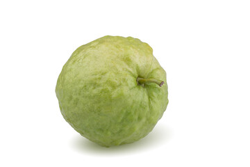 Green guava and half and leaves on a white background