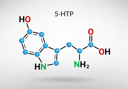 5-HTP, 5-Hydroxytryptophan, oxitriptan molecular structure on gray background