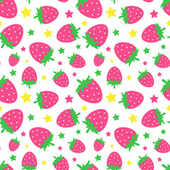 Seamless pattern with funny cartoon strawberries. Positive summer background in pink tones. Print for textile, gift wrap, clothes, interior, design and decor. Trendy summer pattern