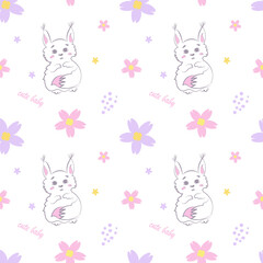 Seamless pattern in pastel colors with cute squirrels, flowers and inscriptions cute baby on a white background. Vector design for baby products, diapers, clothes, textiles, wrapping paper, prints.