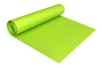 Green yoga mat or lightweight foam camping bed roll pad isolated on white.