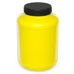 Yellow plastic jar for sport nutrition whey protein powder isolated on white