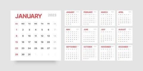 Monthly calendar template for 2023 year. Desktop calender in the style of minimalist square shape. Week Starts on Sunday. 
