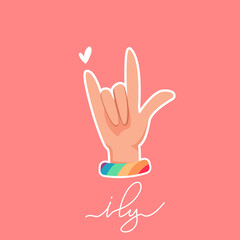 Fototapeta na wymiar Rainbow LGBT raised I Love You Symbol Hand with ily hand written lettering. Vector card for Valentine’s day with heart. Hand with rainbow bracelet.