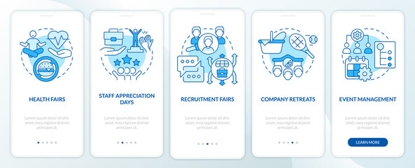 HR organizing skills blue onboarding mobile app screen. Corporate walkthrough 5 steps graphic instructions pages with linear concepts. UI, UX, GUI template. Myriad Pro-Bold, Regular fonts used