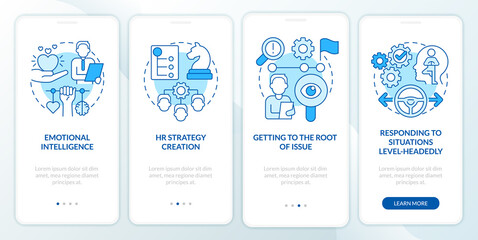 Fototapeta na wymiar HR soft skills blue onboarding mobile app screen. Hiring work walkthrough 4 steps graphic instructions pages with linear concepts. UI, UX, GUI template. Myriad Pro-Bold, Regular fonts used