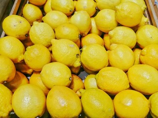 a bunch of yellow lemon at the market.