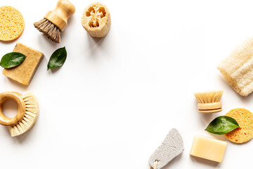 Flatlay of bathroom accessories and spa cosmetic products