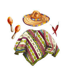 82_sombrero_straw hat, sombrero, chili peppers, maracas, poncho with a pattern, composition on a banner under the cinco de mayo, traditional Mexican items on a white background, - obrazy, fototapety, plakaty