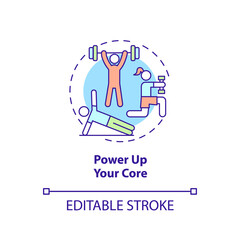 Power up your core concept icon. Advice for healthy joints abstract idea thin line illustration. Strengthening spine. Isolated outline drawing. Editable stroke. Arial, Myriad Pro-Bold fonts used