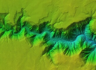 Digital elevation model of a deep stone canyon. A meandering and curving river below. GIS 3D product made after proccesing aerial data.