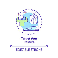 Target your posture concept icon. Advice for healthy joints abstract idea thin line illustration. Reducing spinal pain. Isolated outline drawing. Editable stroke. Arial, Myriad Pro-Bold fonts used