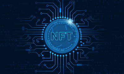 Non fungible token NFT.Technology background with circuit.NFT logo dark blue.Crypto currency concept.