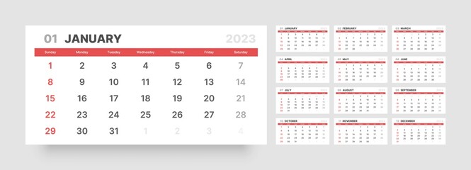 Quarter calendar template for 2023 year. Wall calendar in a minimalist style. Week Starts on Sunday.